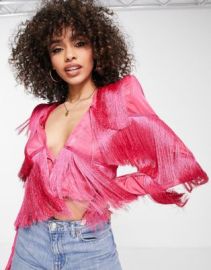 LUXE fringed top with shoulder pads in hot pink at ASOS