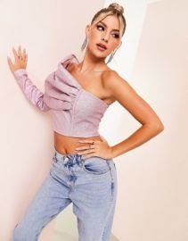 LUXE structured one shoulder top in pink glitter at ASOS