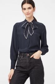 WornOnTV: Victoria’s navy tie neck blouse with white trim on The Young ...