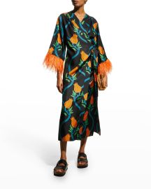 La DoubleJ Boudoir Wrap Silk Midi Dress w Feather Trim at Neiman Marcus