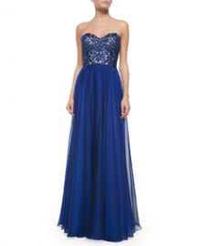 La Femme Strapless Lace-Bodice Flowy Gown at Neiman Marcus