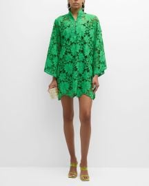 La Vie Style House High-Collar Embroidered Floral Lace Mini Caftan at Neiman Marcus