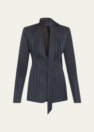 LaQuan Smith Pinstripe V-Neck Scarf Cutout Blazer Mini Dress - at Bergdorf Goodman