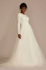 Lace Applique Tulle A-Line Modest Wedding Dress Davidx27s Bridal at Davids Bridal