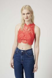 Lace High Neck Crop Top at Topshop