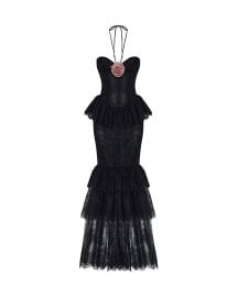Lace maxi dress with a chiffon flower black 102DX001 RASARIO at Rasario