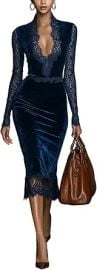 Ladies' deep V-Neck Velvet lace Patchwork Slim fit Hip Hugging mid Length Skirt Elegant Evening Dress Socialite Dress at Amazon