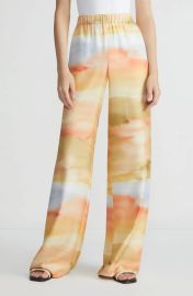 Lafayette 148 NY Riverside Horizon Print Silk Twill Pants in Straw Multi at Nordstrom