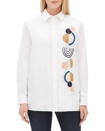 Lafayette 148 New York Everson Long-Sleeve Button-Front Excursion Stretch Blouse w  Embellished Motif at Neiman Marcus