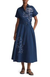 Lafayette 148 New York Floral Embroidered Belted Cotton Poplin Shirtdress at Nordstrom