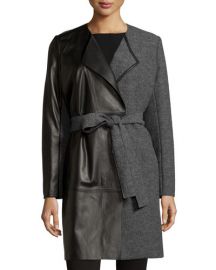 Lafayette 148 New York Leather Panel Belted Wool Coat at Last Call