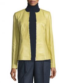 Lafayette 148 New York Maris Split-Neck Lambskin Leather Jacket  Plantain at Neiman Marcus