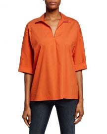 Lafayette 148 New York Nicole V-Neck 3 4-Sleeve Italian Stretch-Cotton Blouse at Neiman Marcus