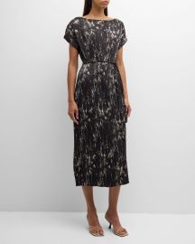 Lafayette 148 New York Pleated Abstract-Print Dolman-Sleeve Midi Dress at Neiman Marcus