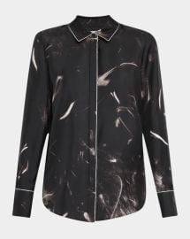 Lafayette 148 New York Scottie Piped Abstract Print Silk Blouse at Neiman Marcus