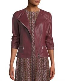 Lafayette 148 New York Trista Zip-Front Weathered Lambskin Leather Jacket w  Jersey Combo at Neiman Marcus