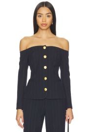 Lagence Alice Off Shoulder Blazer In Midnight Burgundy Pinstripe at Revolve