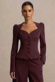 Lana Burgundy Pinstripe Woven Sweetheart-Neck Tailored Top Club L London - USA at Club L London