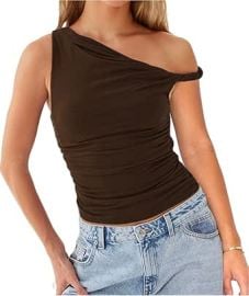 Lancifolium Trending Twist One Shoulder Y2k Asymmetrical Neck Sexy Tank Tops Women Double Lined Ruched Party Club Outfit at Amazon