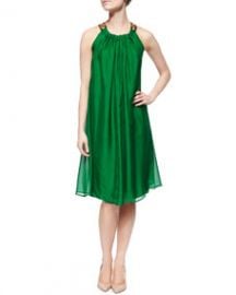 Lanvin Jeweled-Neck Chiffon Trapeze Dress Green at Neiman Marcus