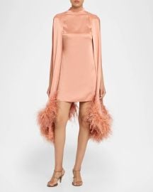 Lapointe Feather Trim Satin Cape Sleeve Mini Dress at Neiman Marcus
