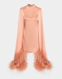 Lapointe Feather Trim Satin Cape Sleeve Mini Dress at Neiman Marcus