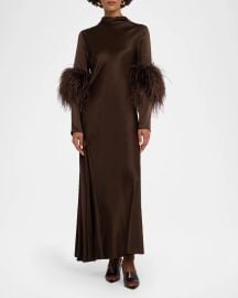 Lapointe Feather Trim Satin Maxi Dress at Neiman Marcus