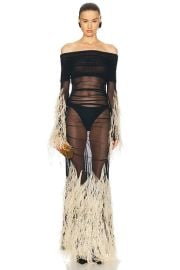 Lapointe Mesh Off The Shoulder Feathers Gown in Black FWRD at FWRD