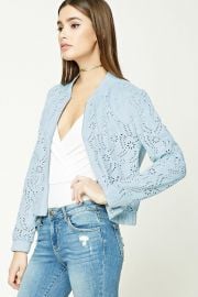  Laser Cutout Faux Suede Bomber Jacket at Forever 21