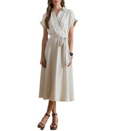 Lauren Ralph Lauren Luxe Twill Stripe Surplice Spread Collar Short Rolled Sleeve Belted Dress at Dillards