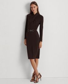 Lauren Ralph Lauren Womens Belted Mockneck Long-Sleeve Stretch Jersey Dress - Macys at Macys