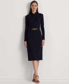 Lauren Ralph Lauren Womens Belted Mockneck Long-Sleeve Stretch Jersey Dress - Macys at Macys