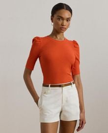 Lauren Ralph Lauren Womens Cotton-Blend Rib-Knit Puff-Sleeve Tee - Macys at Macys