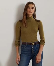 Lauren Ralph Lauren Womens Faux-Leather-Trim Ribbed Turtleneck - Macys at Macys