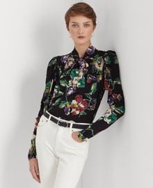 Lauren Ralph Lauren Womens Floral Pleated Jersey Tie-Neck Top - Macys at Macys