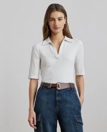 Lauren Ralph Lauren Womens Rib-Knit Elbow-Sleeve Polo Tee - Macys at Macys