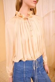 Laurette Long Sleeve Blouse - Pearlescent Pink Pliss Satin Top with Ruffled Neckline - Ulla Johnson at Ulla Johnson
