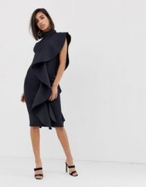 Lavish Alice asymmetric draped high neck frill midi scuba dress in navy   ASOS at Asos