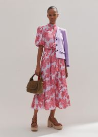 Layered Violets Print Midi Dress Belt MEEM PurplePinkCream at Me and Em