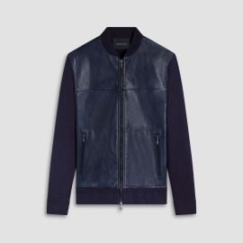 Leather Front Zip Cardigan in Navy at Bugatchi