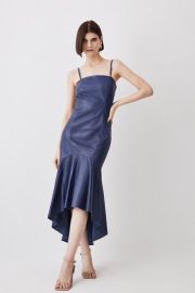 Leather High Low High Neck Sleeveless Midi Dress at Karen Millen