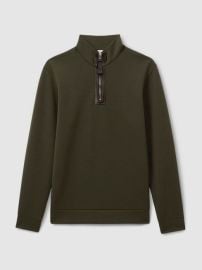 Leather-Placket Interlock-Jersey Sweatshirt in Forest Green REISS USA at Reiss