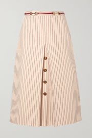 Leather-trimmed paneled pinstriped wool midi skirt at Net A Porter