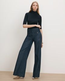 Ledger Wide-Leg Denim Pant in Blue Pinstripe Medium Indigo/Copper | Veronica Beard at Veronica Beard