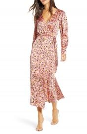 Leith Pink Leopard Print Long Sleeve Satin Midi Wrap Dress   Nordstrom at Nordstrom