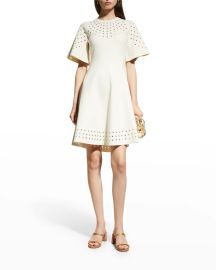 Lela Rose Diamond Eyelet Knit Flare Hem Mini Dress at Neiman Marcus