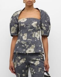 Lela Rose Floral Check Short-Sleeve Bustier Top at Neiman Marcus