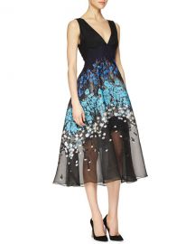 Lela Rose Floral-Embroidered Fit-And-Flare Combo Dress at Neiman Marcus