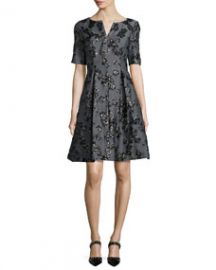 Lela Rose Floral Jacquard Half-Sleeve Dress BlackGray at Neiman Marcus