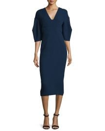 Lela Rose Half-Sleeve V-Neck Midi Dress  Navy at Neiman Marcus